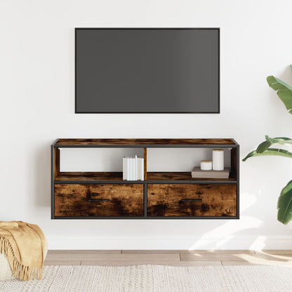 Tv-bänk rökfärgad ek 100x31x39,5 cm konstruerat trä och metall