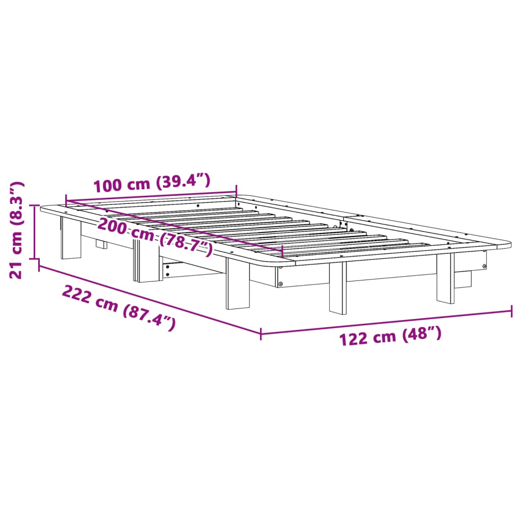 Sängram utan madrass 100x200 cm massiv furu