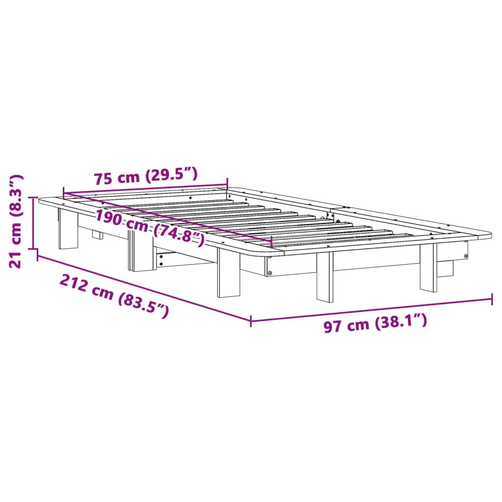 Sängram utan madrass vit 75x190 cm massiv furu