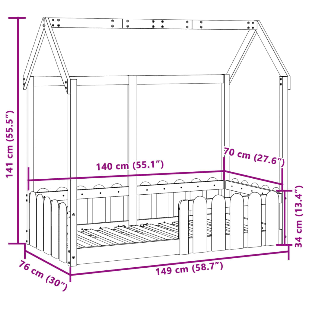 Barnsäng med husram vit 70x140 cm massiv furu