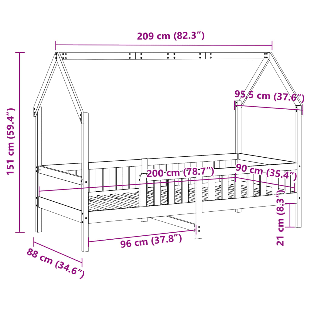 Barnsäng med husram 90x200 cm massiv furu