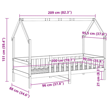 Barnsäng med husram vaxad brun 90x200 cm massiv furu