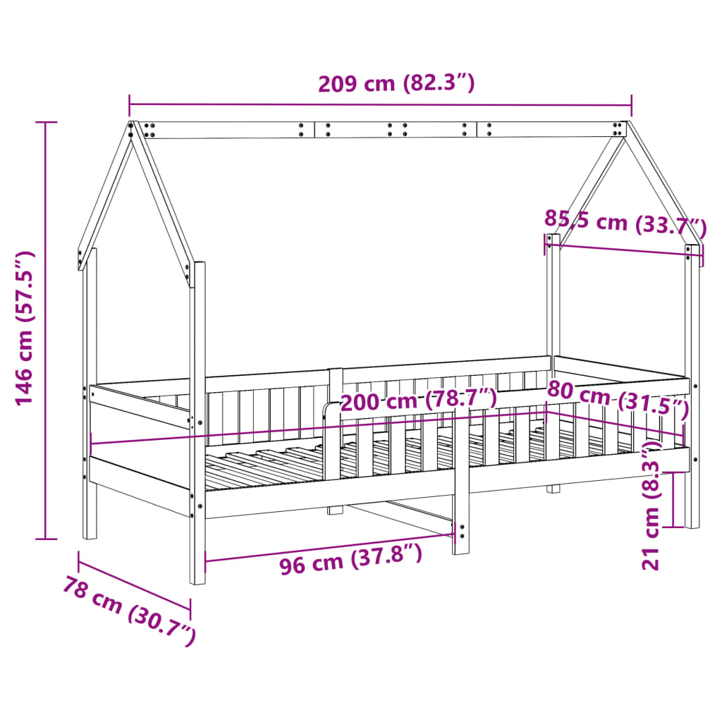 Barnsäng med husram 80x200 cm massiv furu