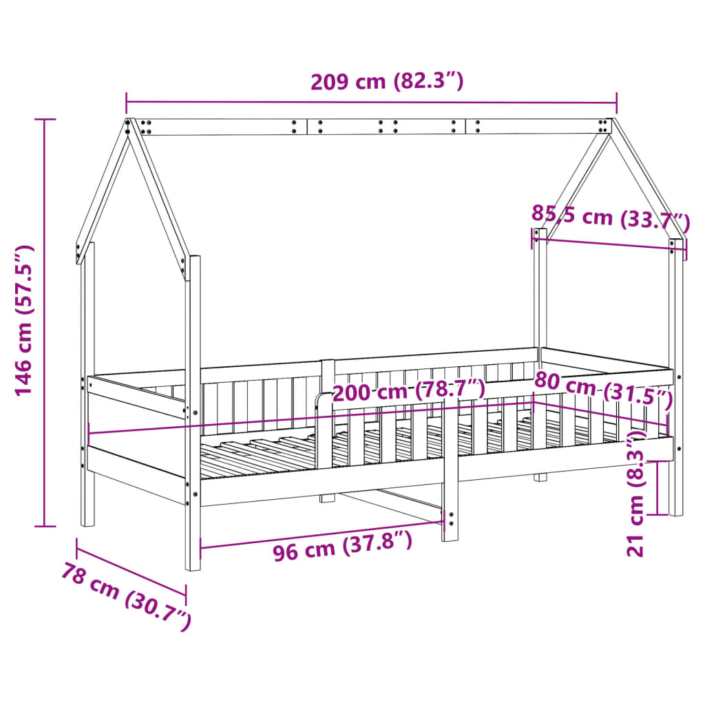 Barnsäng med husram vit 80x200 cm massiv furu