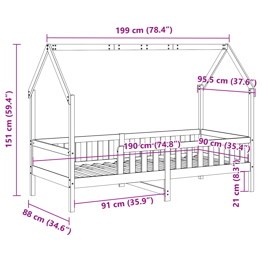 Barnsäng med husram vaxad brun 90x190 cm massiv furu