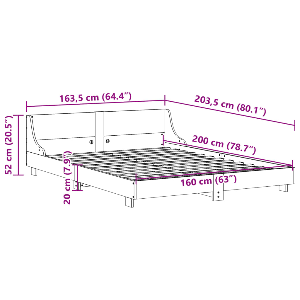 Sängram utan madrass 160x200 cm massiv furu