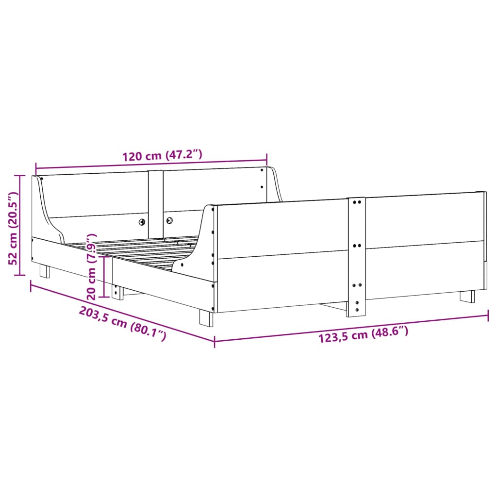 Sängram utan madrass vaxbrun 120x200 cm massiv furu