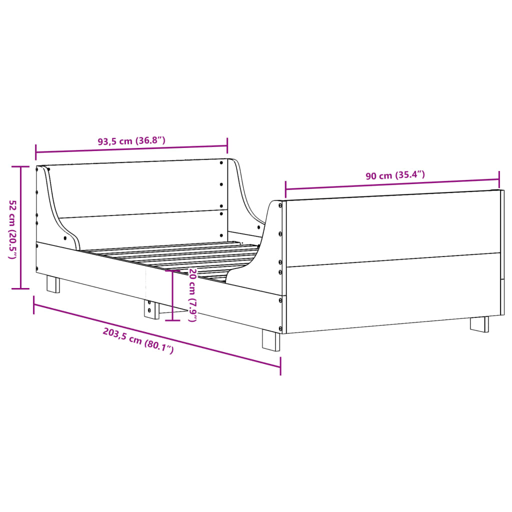 Sängram utan madrass 90x200 cm massiv furu