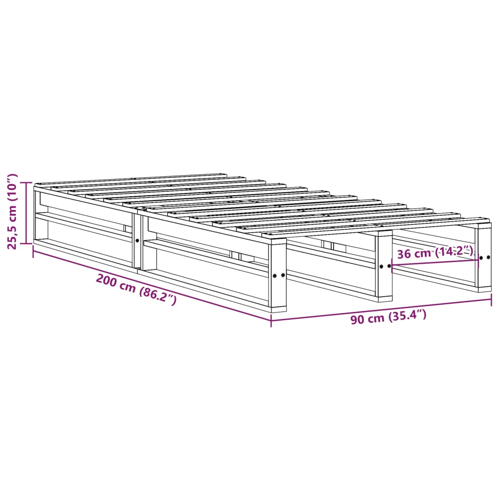 Sängram utan madrass 90x200 cm massiv furu