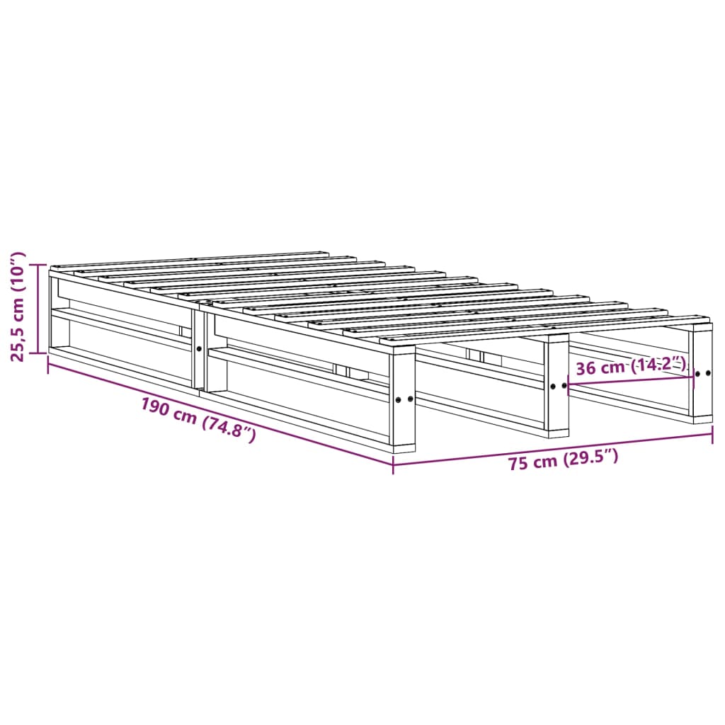 Sängram utan madrass vaxbrun 75x190 cm massiv furu