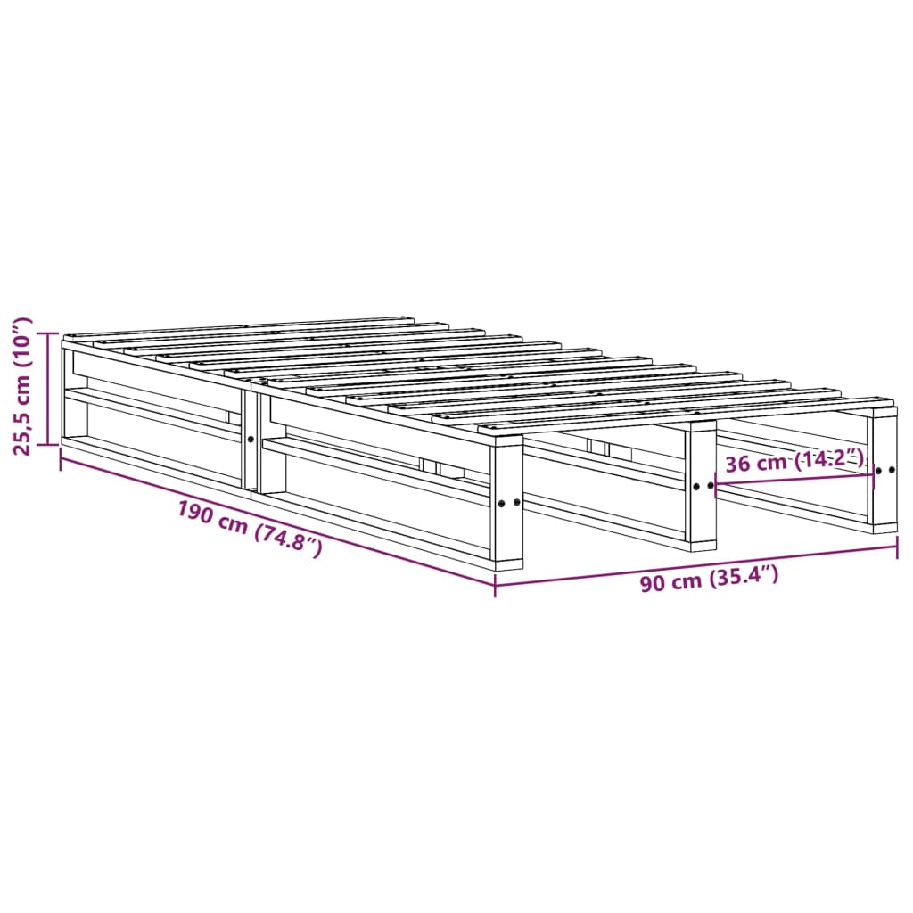 Sängram utan madrass vit 90x190 cm massiv furu