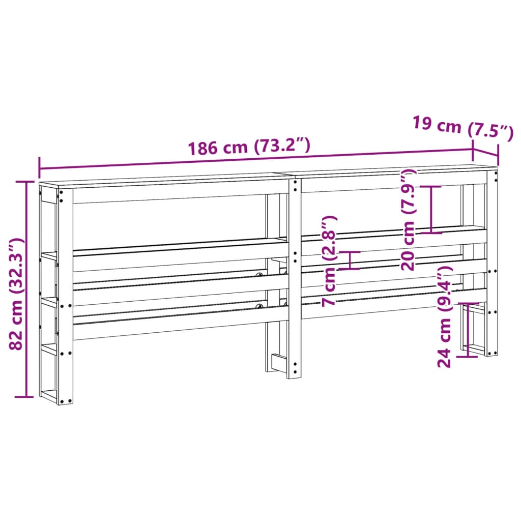 Huvudgavel med hyllor 180 cm massiv furu