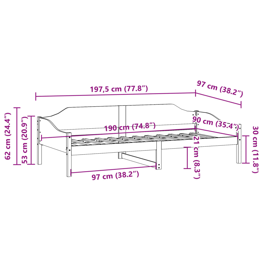 Sängram utan madrass 90x190 cm massiv furu