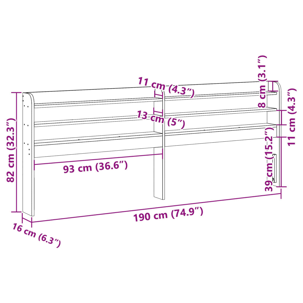 Huvudgavel med hyllor 180 cm massiv furu