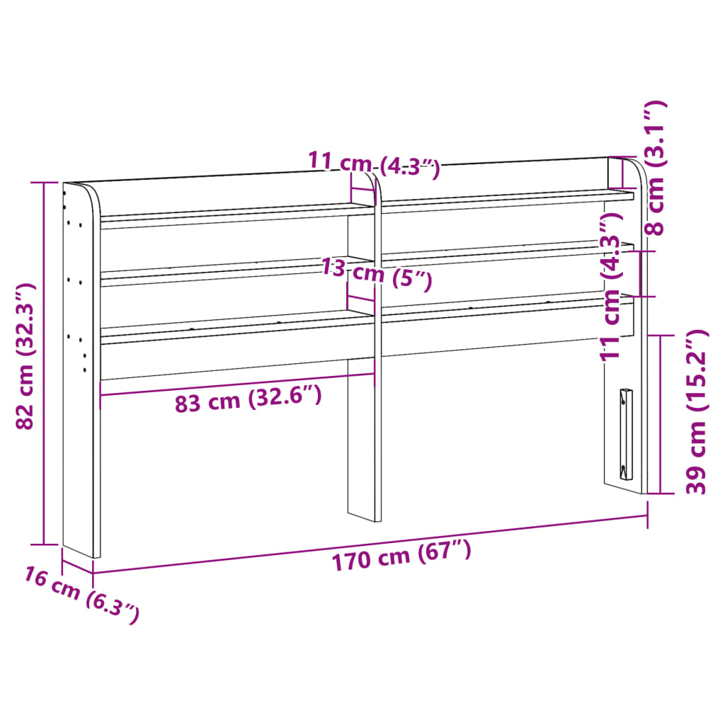 Huvudgavel med hyllor 160 cm massiv furu