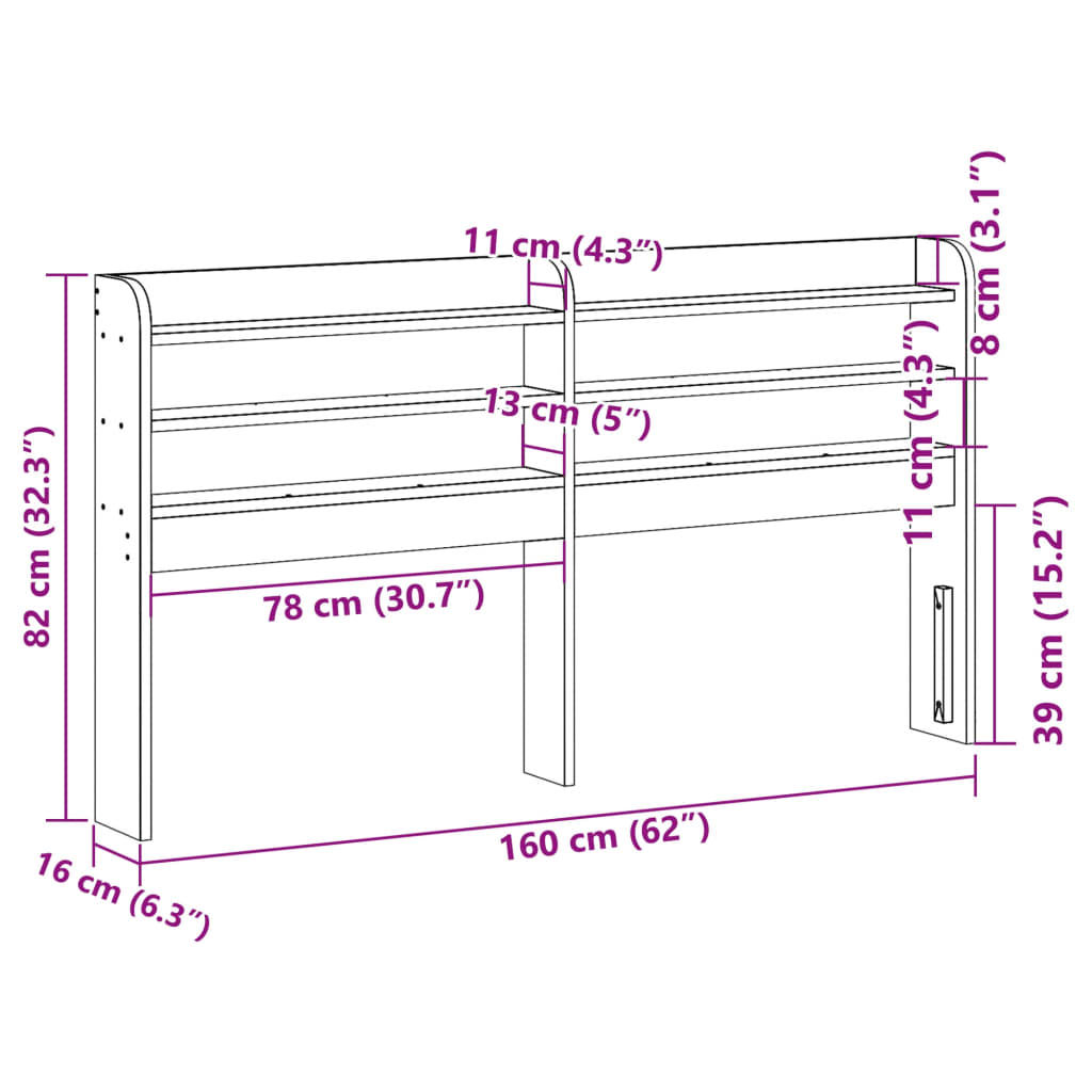 Huvudgavel med hyllor 150 cm massiv furu