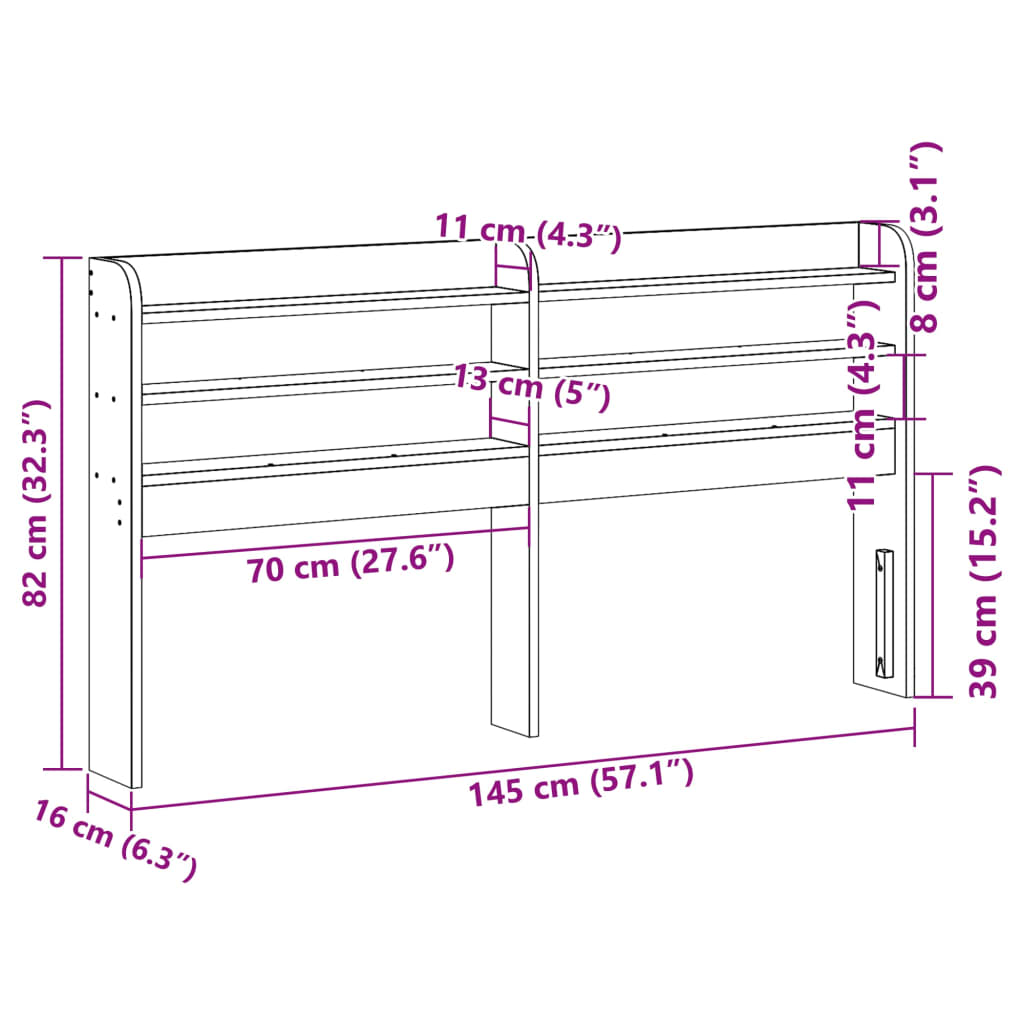 Huvudgavel med hyllor vit 135 cm massiv furu