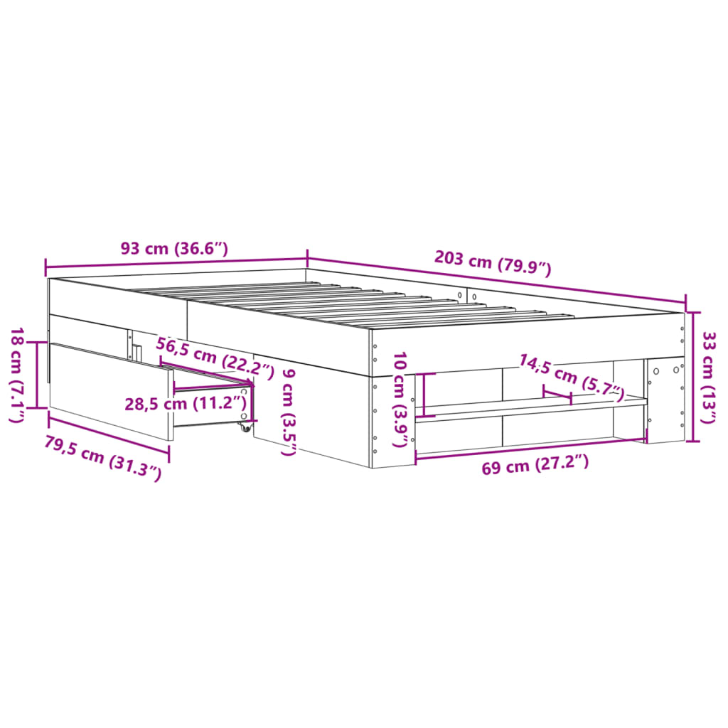 Sängram betonggrå 90x200 cm konstruerad trä