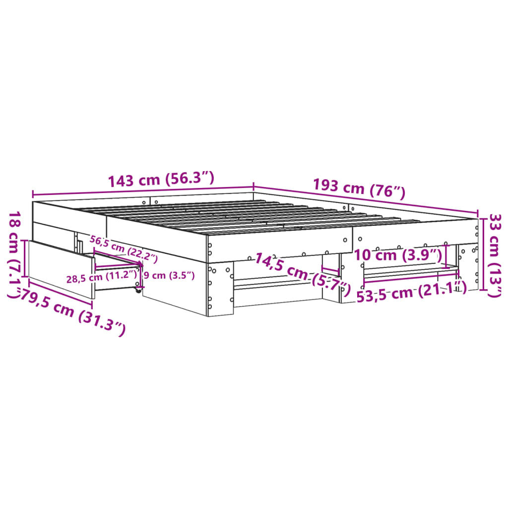 Sängram utan madrass sonoma-ek 140x190 cm konstruerad trä