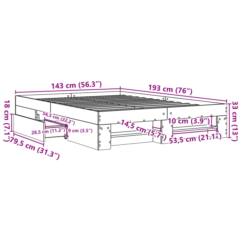 Sängram utan madrass rökfärgad ek 140x190 cm konstruerad trä