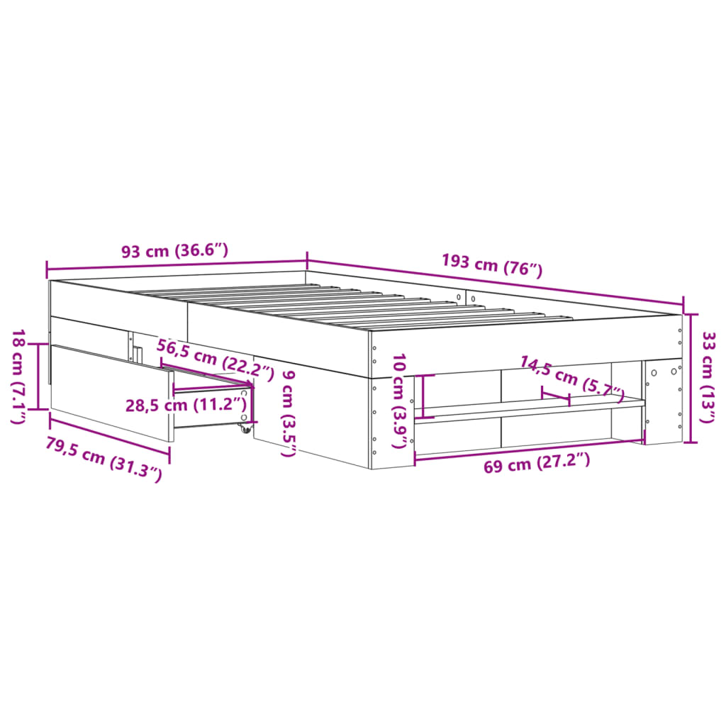 Sängram utan madrass sonoma-ek 90x190 cm konstruerad trä