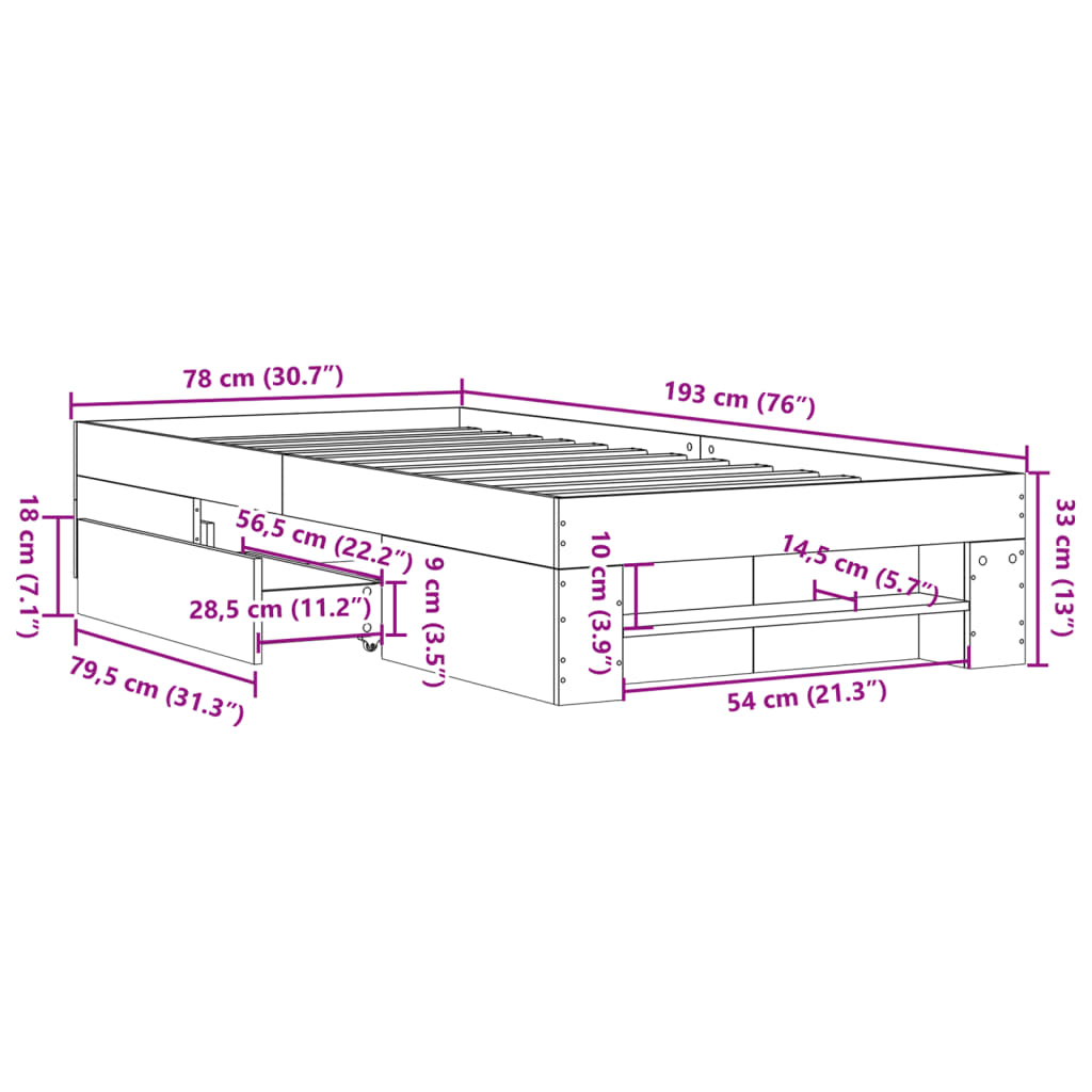 Sängram utan madrass sonoma-ek 75x190 cm konstruerad trä