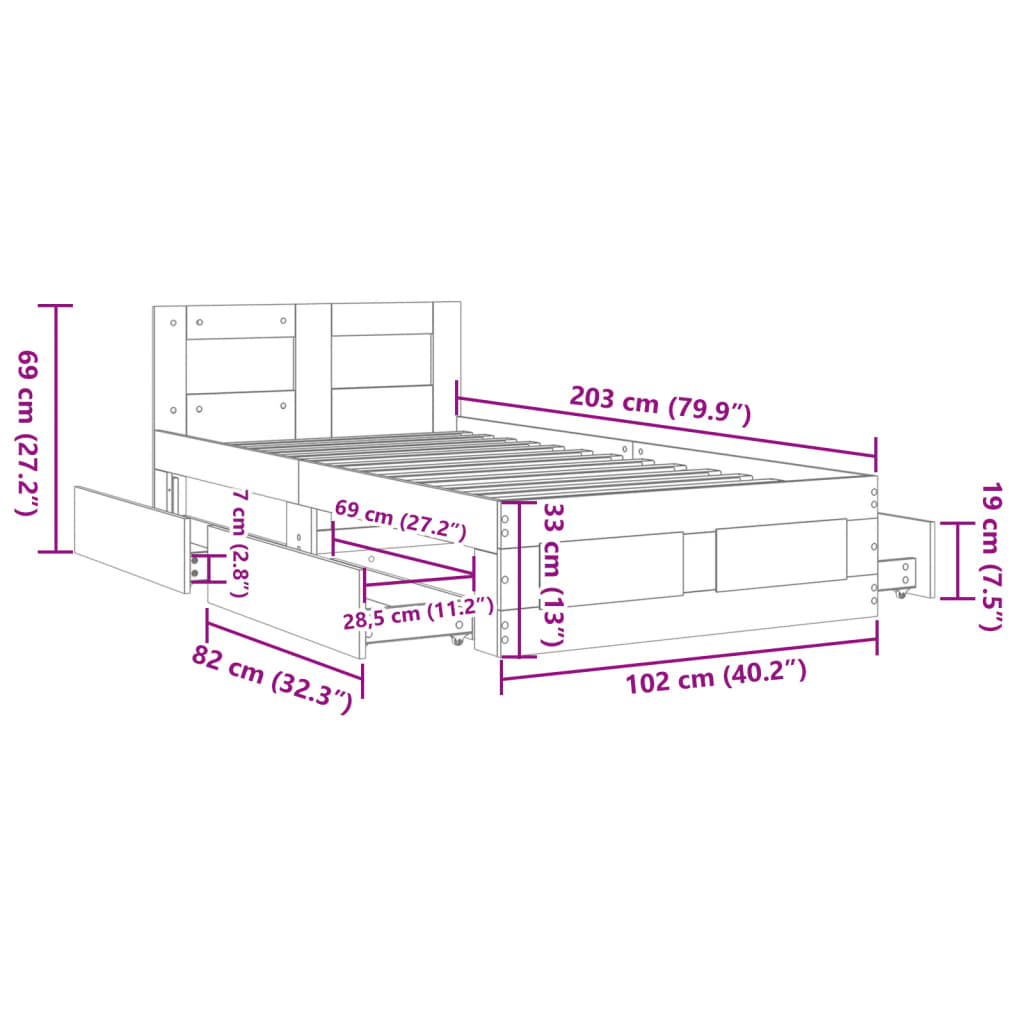 Sängram med huvudgavel rökfärgad ek 100x200 cm konstruerat trä