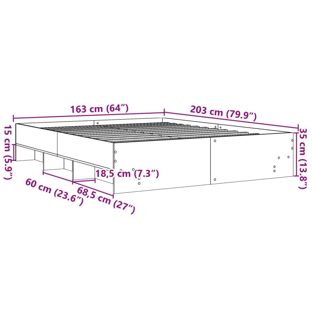 Sängram utan madrass rökt ek 160x200cm konstruerat trä