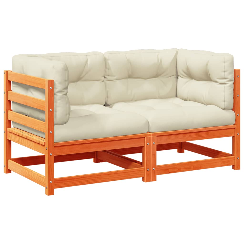 Soffgrupp för trädgården med dynor 2 delar vaxbrun massiv furu