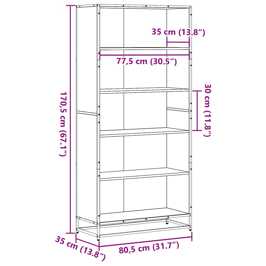 Bokhylla svart 80,5x35x170,5 cm konstruerat trä