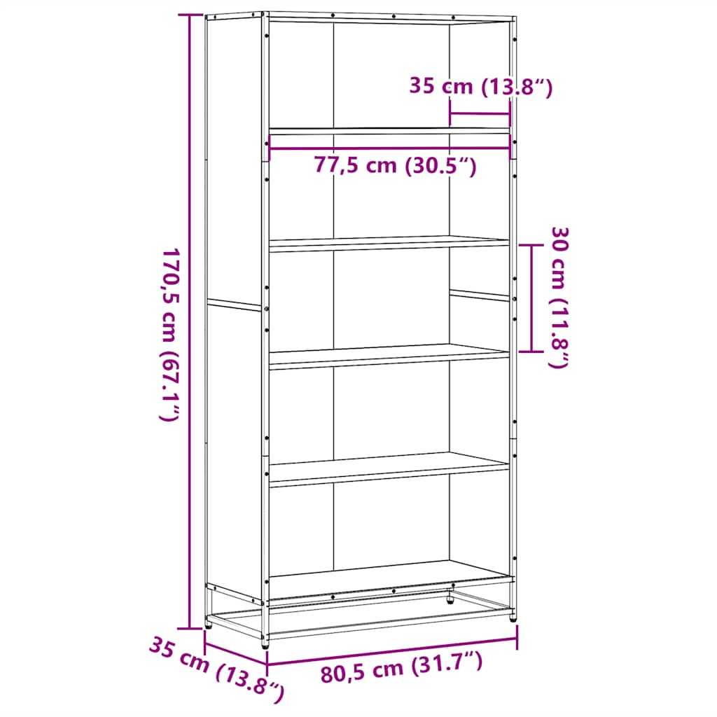 Bokhylla sonoma-ek 80,5x35x170,5 cm konstruerat trä