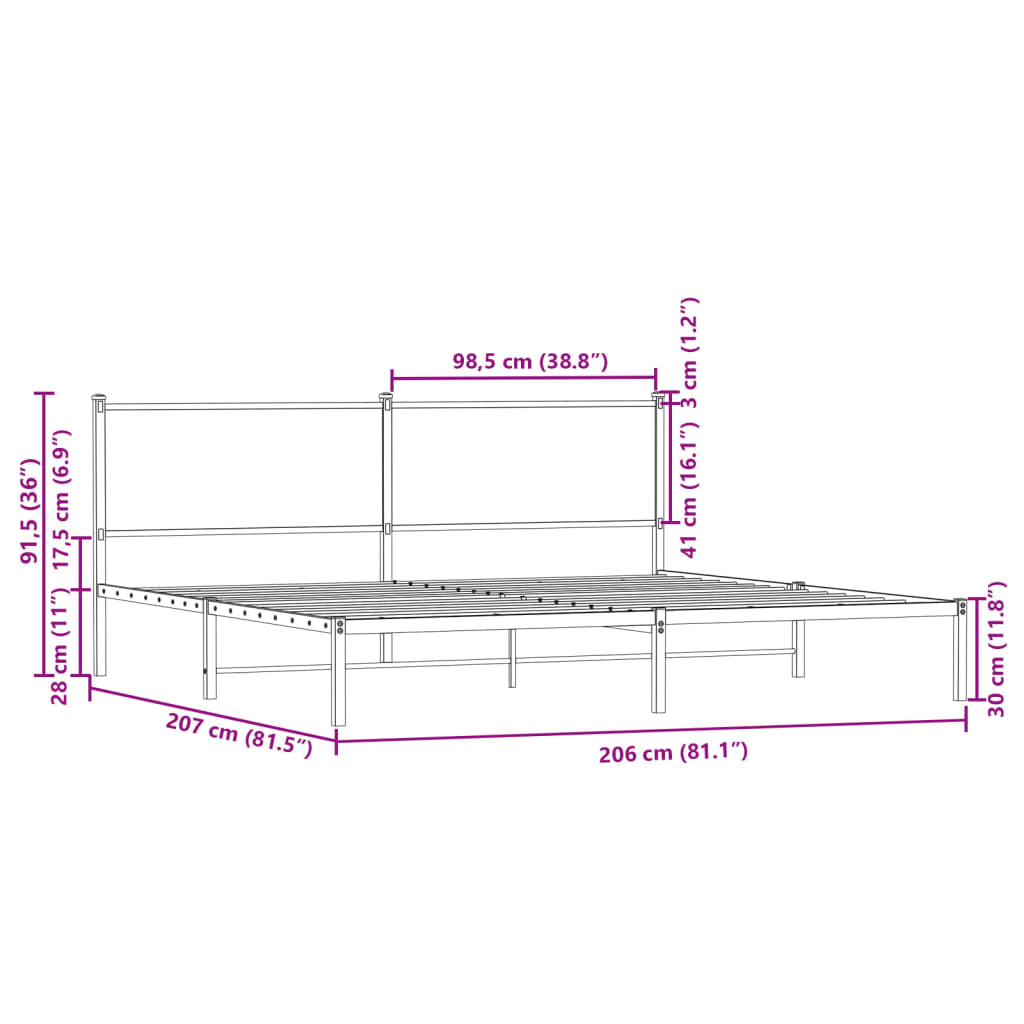 Sängram utan madrass metall rökfärgad ek 200x200 cm