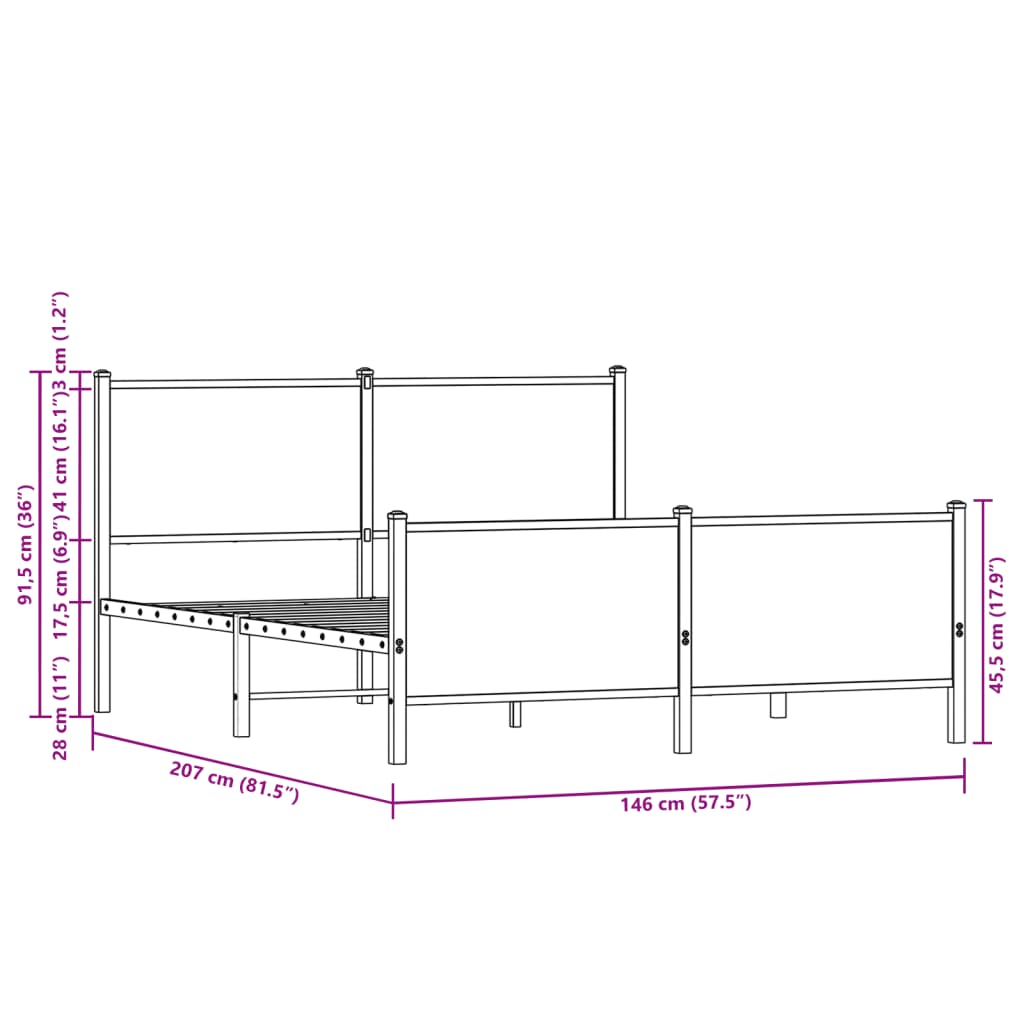 Sängram utan madrass metall rökfärgad ek 140x200 cm