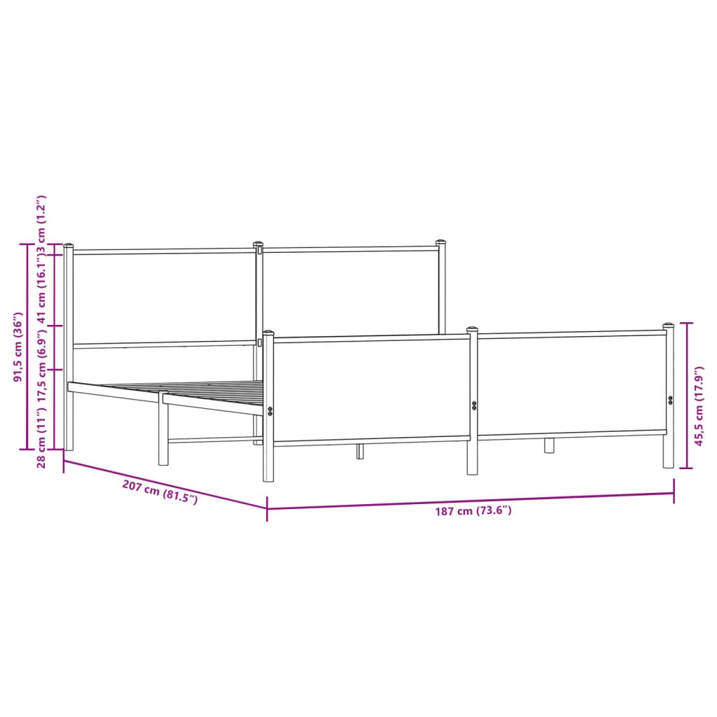 Sängram utan madrass metall sonoma-ek 180x200 cm