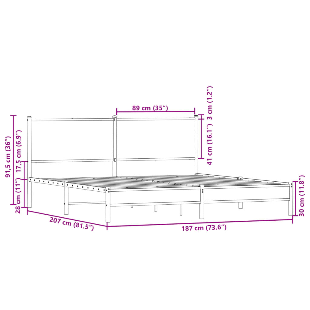 Sängram utan madrass metall sonoma-ek 180x200 cm