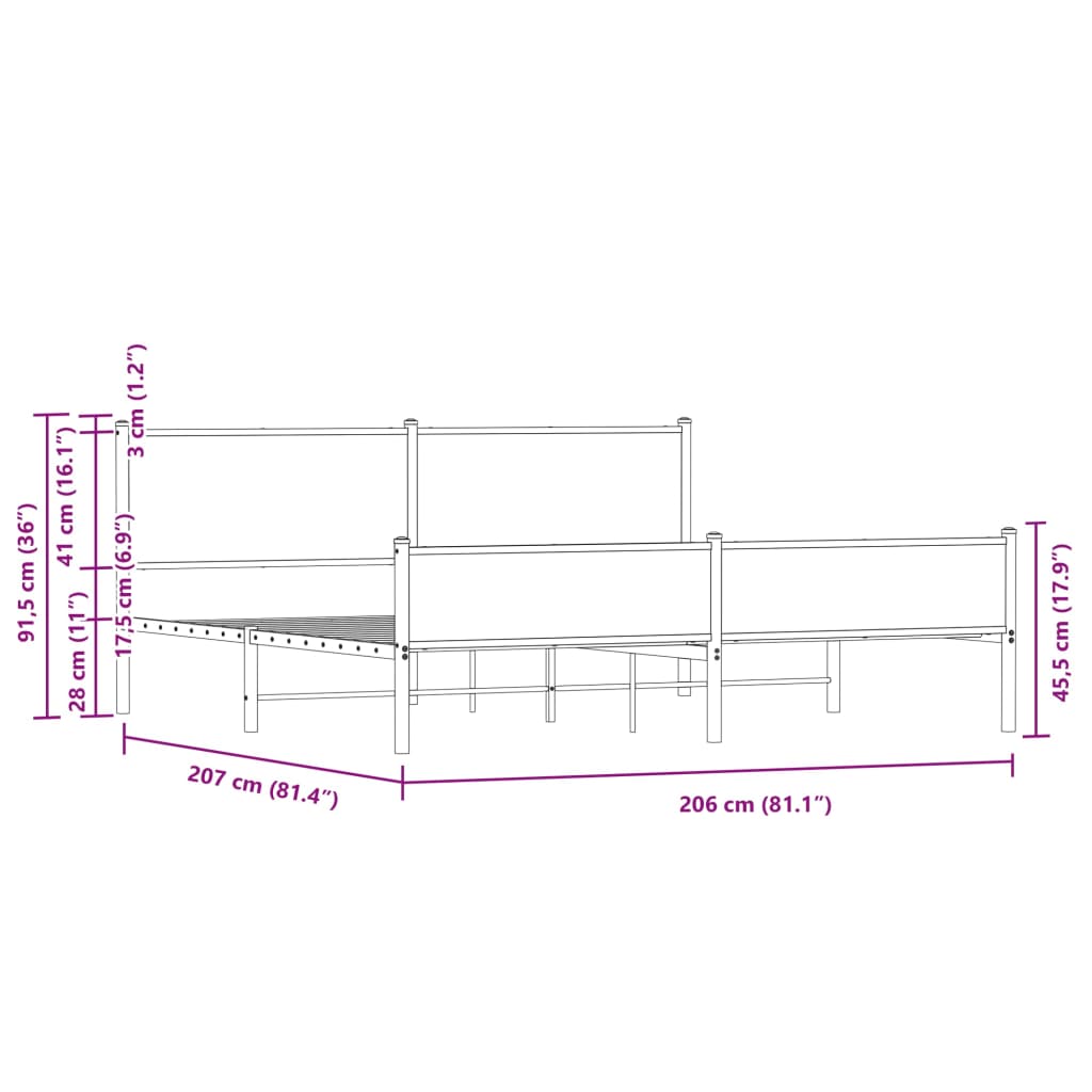 Sängram utan madrass metall sonoma-ek 200x200 cm