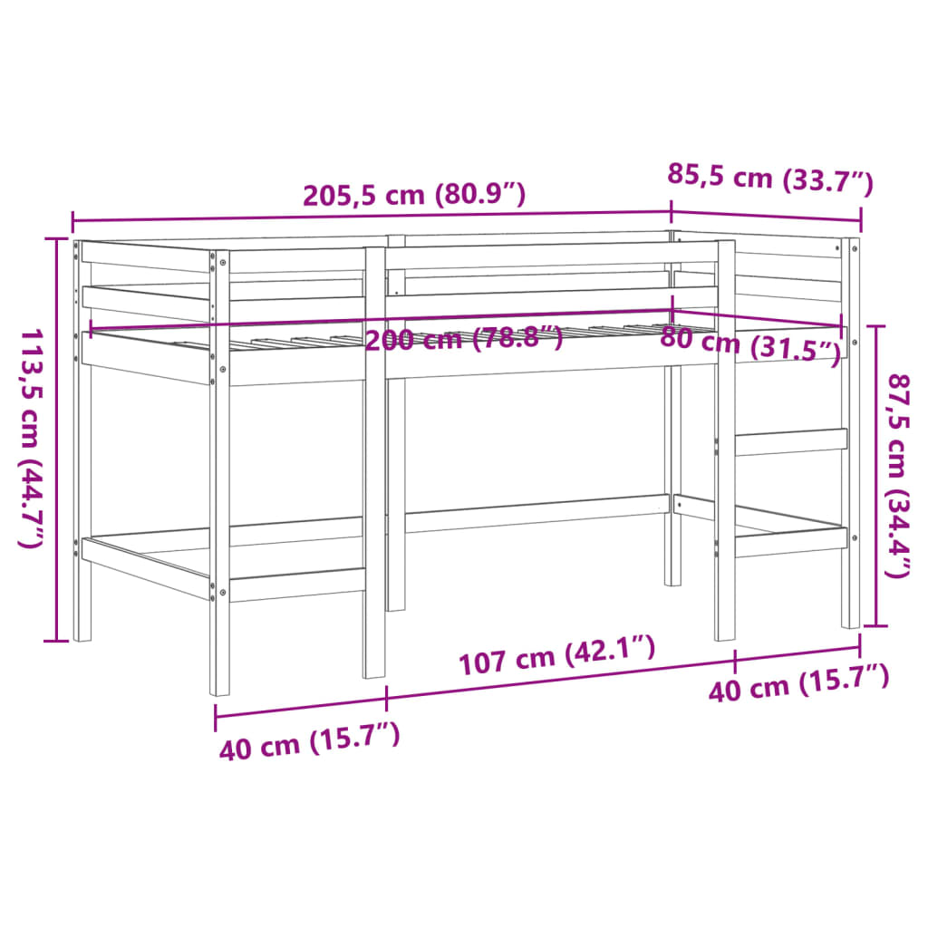 Loftsäng med stege vaxbrun 80x200 cm massiv furu