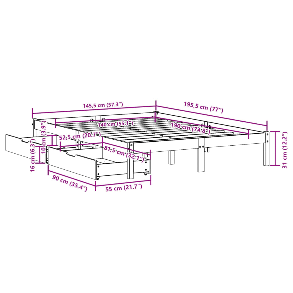 Sängram utan madrass vaxbrun 140x190 cm massiv furu