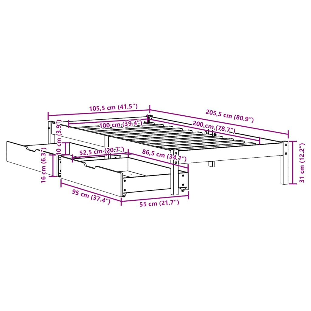 Sängram utan madrass vaxbrun 100x200 cm massiv furu