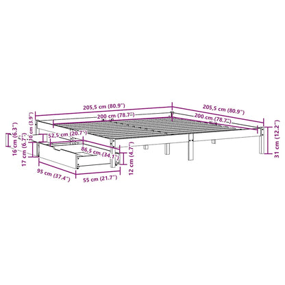 Sängram utan madrass vaxbrun 200x200 cm massiv furu