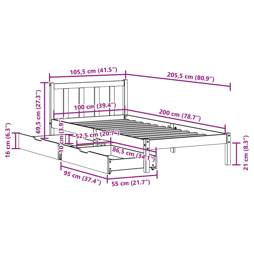 Sängram utan madrass vaxbrun 100x200 cm massiv furu