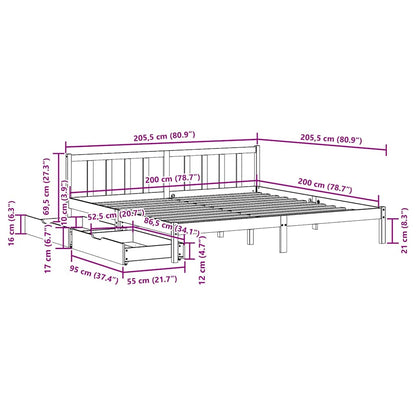 Sängram utan madrass vaxbrun 200x200 cm massiv furu