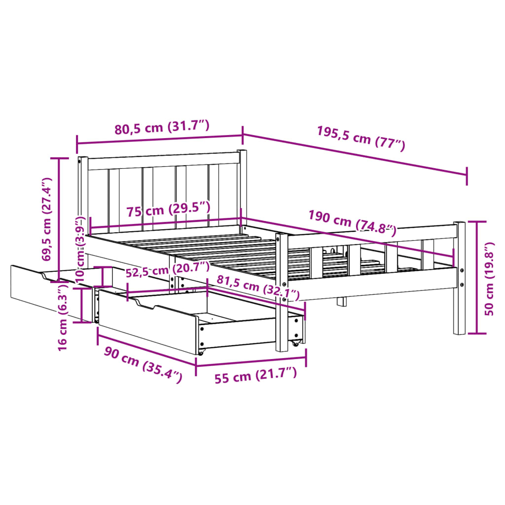 Sängram utan madrass vaxbrun 75x190 cm massiv furu