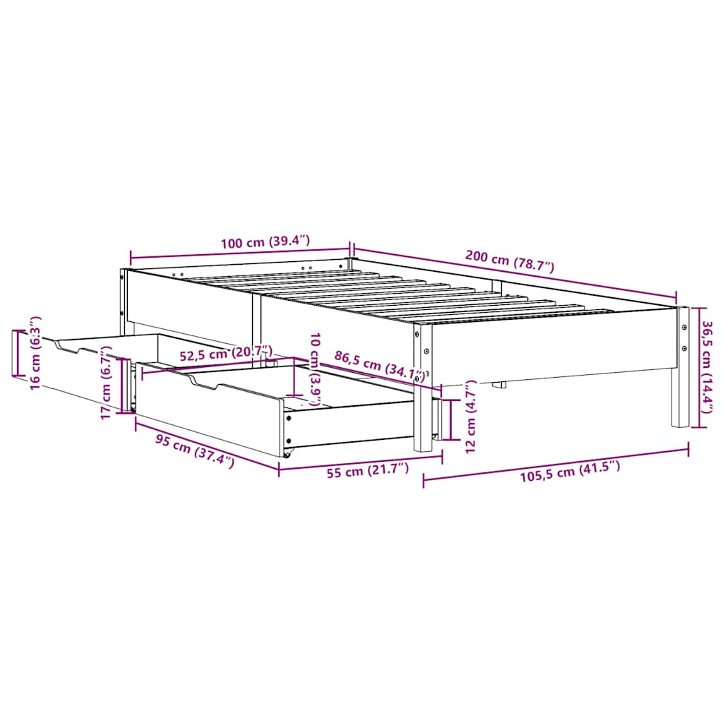 Sängram utan madrass vaxbrun 100x200 cm massiv furu