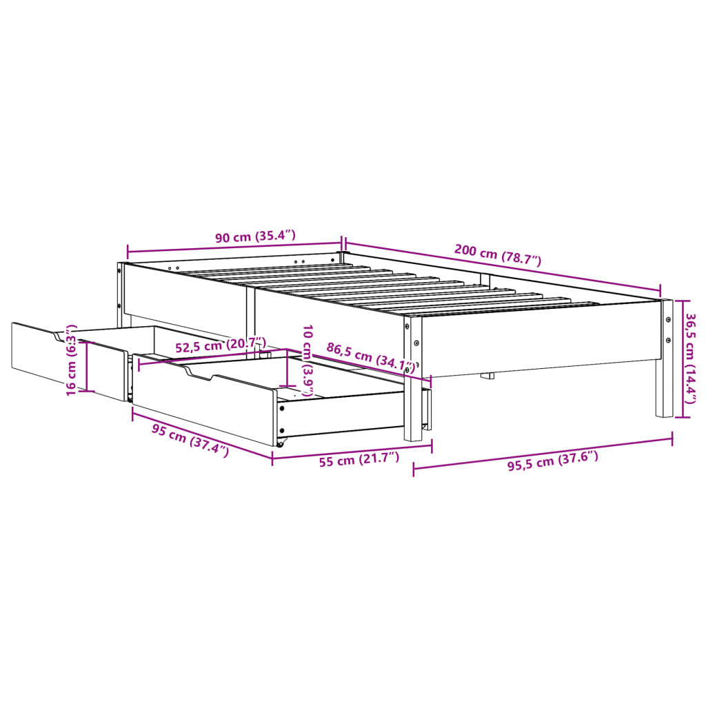 Sängram utan madrass vaxad brun 90x200 cm massiv furu