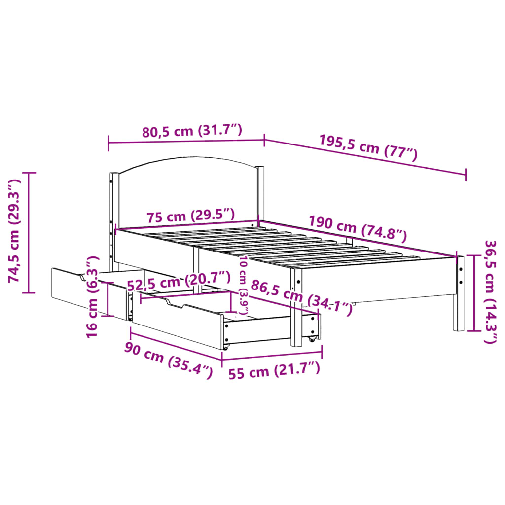 Sängram utan madrass vaxbrun 75x190 cm massiv furu