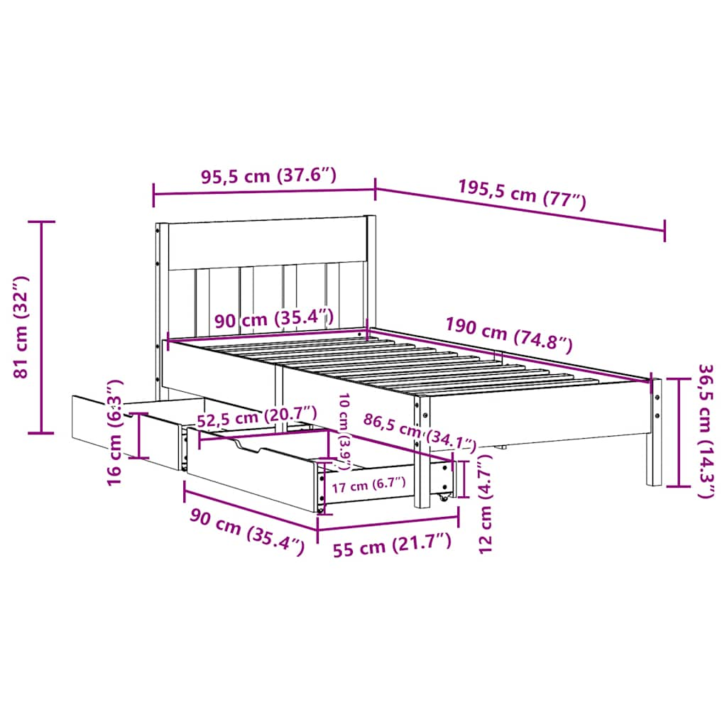 Sängram utan madrass vaxad brun 90x190 cm massiv furu