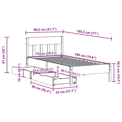 Sängram utan madrass vaxbrun 75x190 cm massiv furu