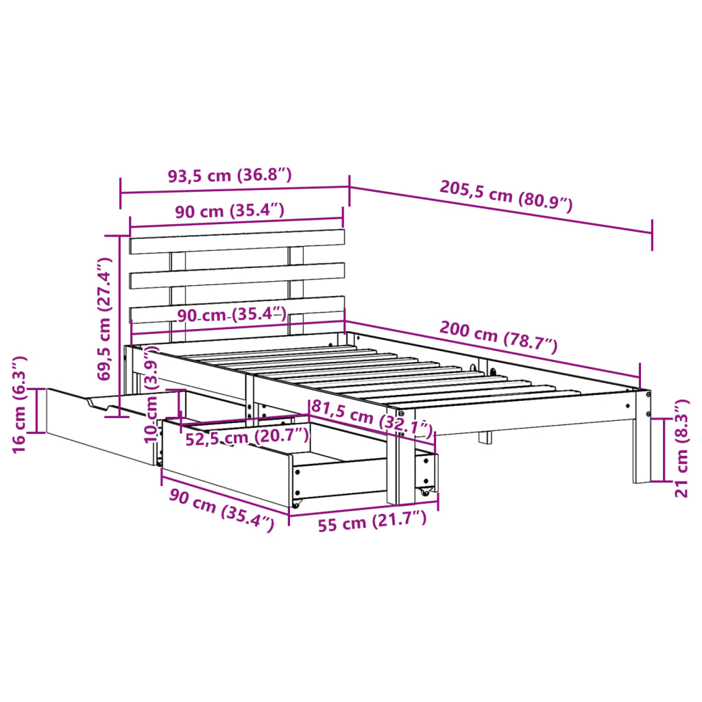 Sängram med lådor vaxad brun 90x200 cm massiv furu