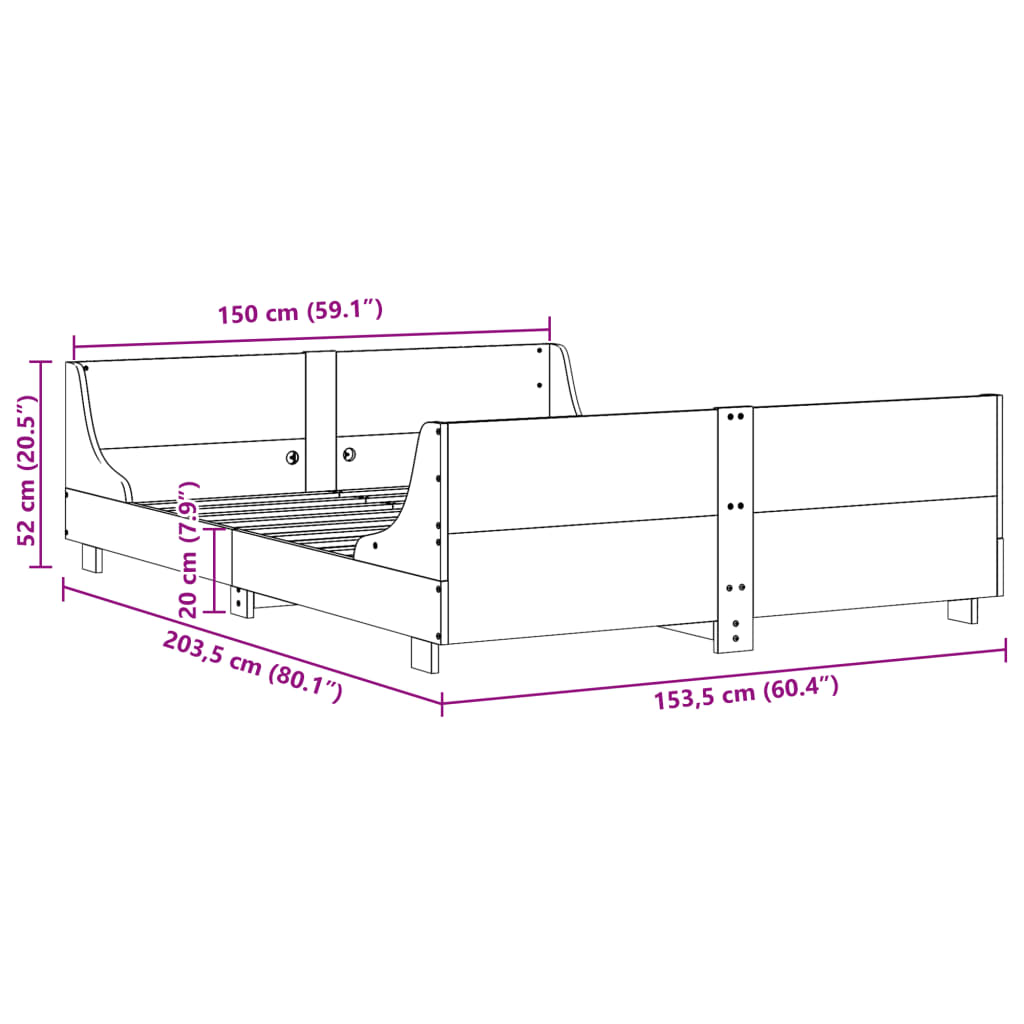 Sängram utan madrass 150x200 cm massiv furu